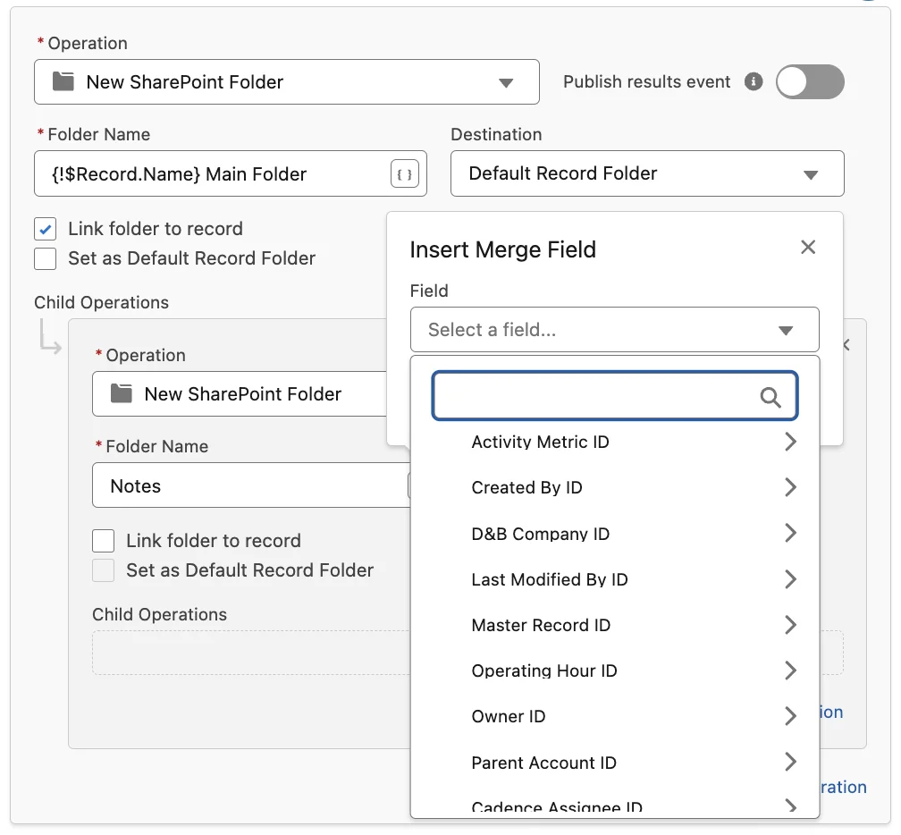 Folder creation settings for salesforce sharepoint integration automation