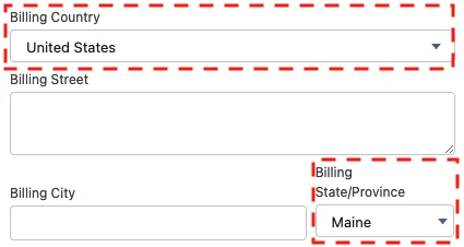 Salesforce standard country names list dropdown interface showing enabled picklist values