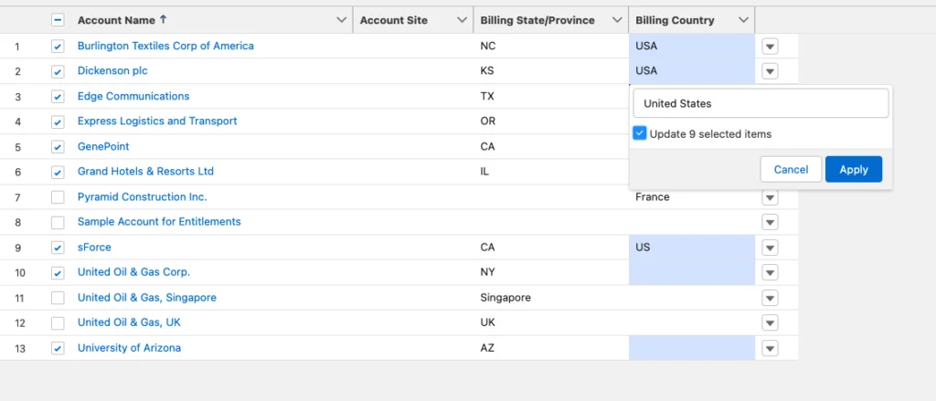 Inline editing interface for correcting state and country data