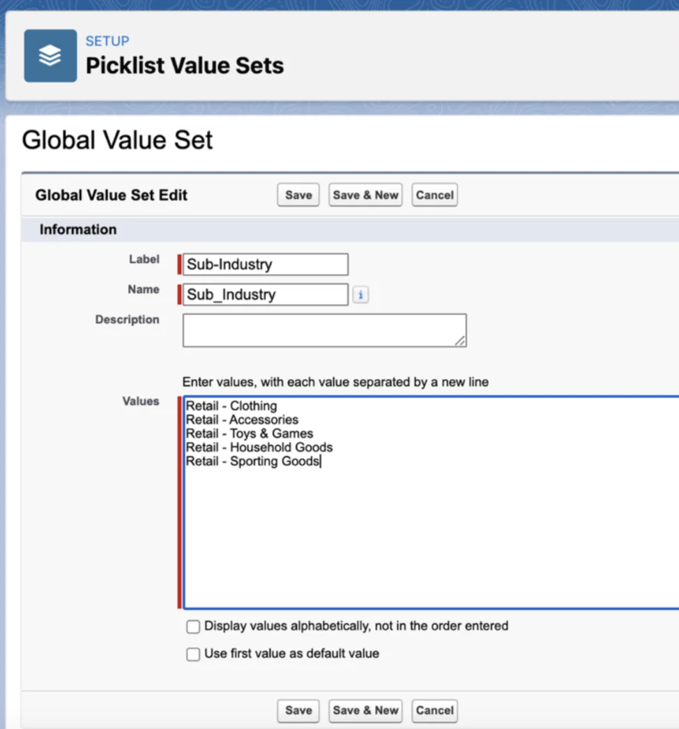Enter values for a Salesforce global picklist value set used by custom fields