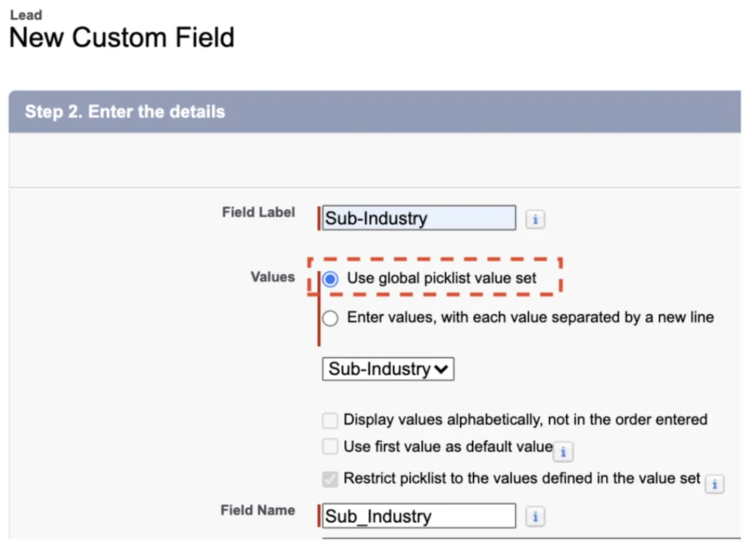 Select values from a global value set when creating a Salesforce custom picklist field