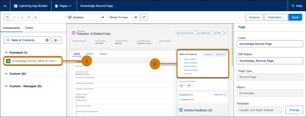 Knowledge article table of contents component for Service Cloud release testing