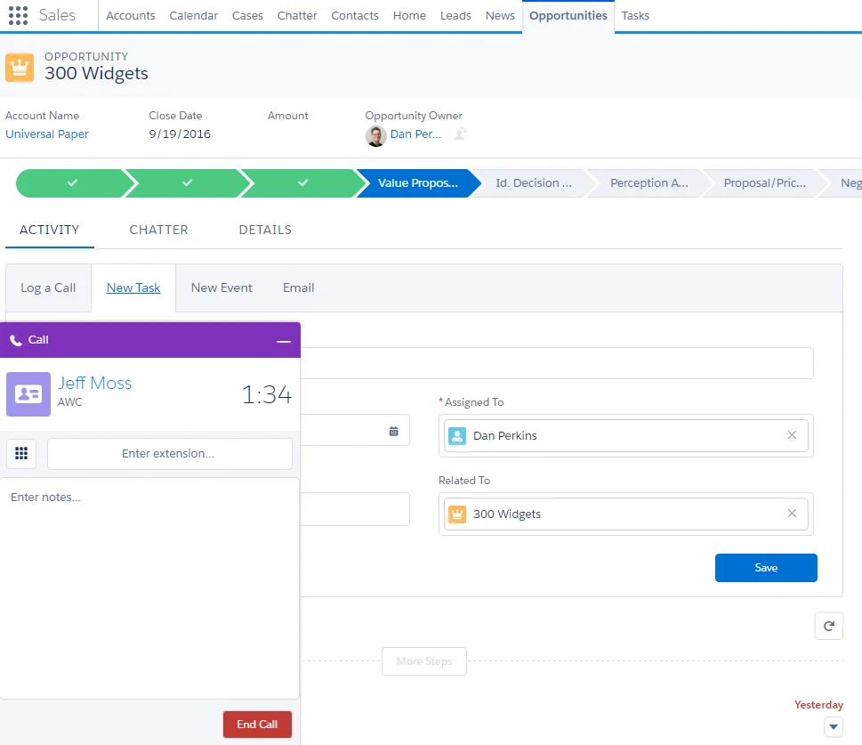 sfdc dialer interface for sales calls, call notes, and Salesforce activity logging