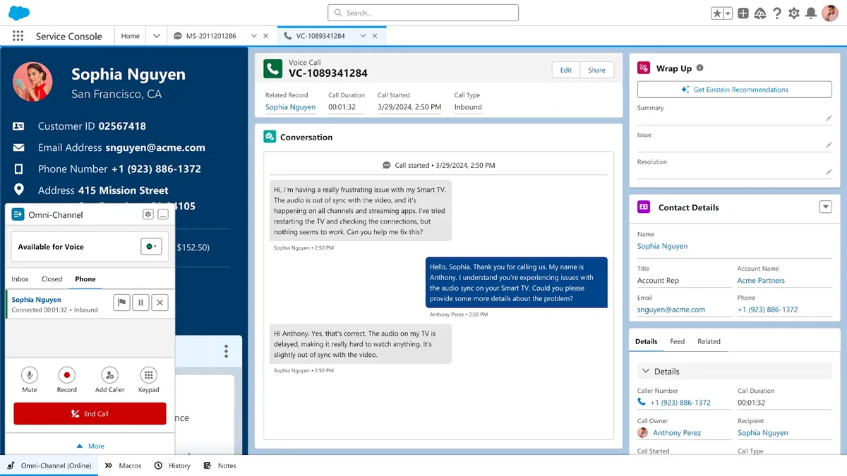 Salesforce Voice console for service agents handling customer calls and case context