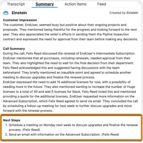 Conversation intelligence summary connected to Salesforce call records and coaching data