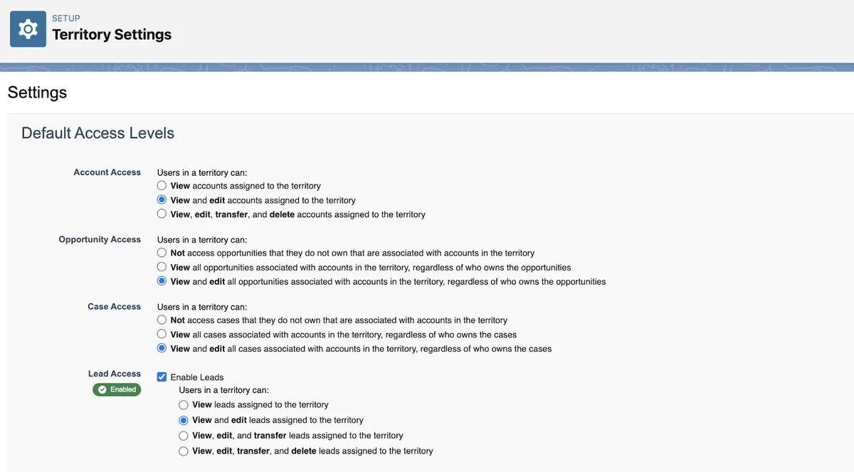 Supported objects for territory management in Salesforce account lead and opportunity access