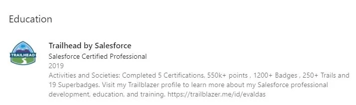 Trailhead profile showing Salesforce badges and learning progress
