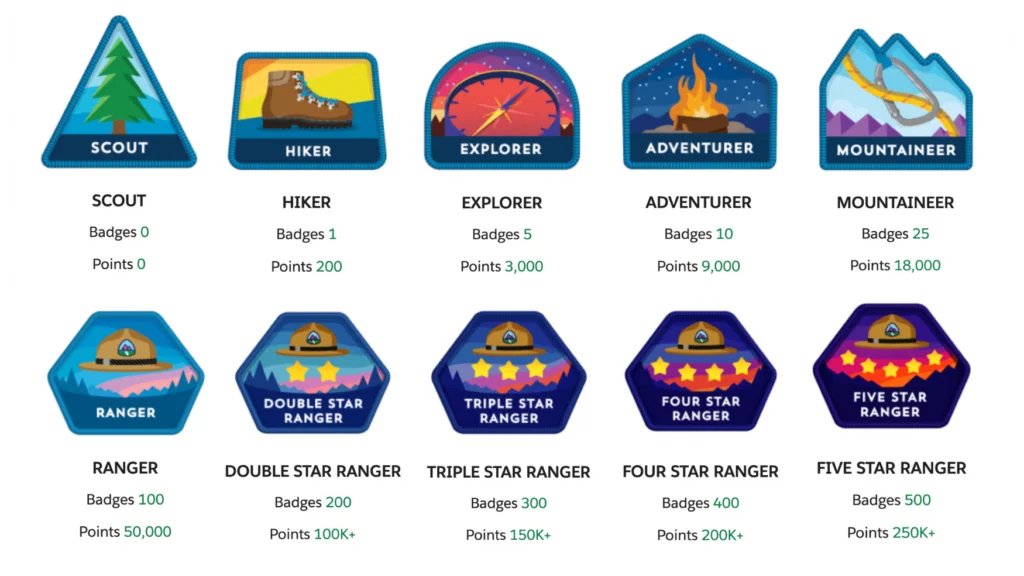Trailhead badges and Salesforce learning units for admins and developers