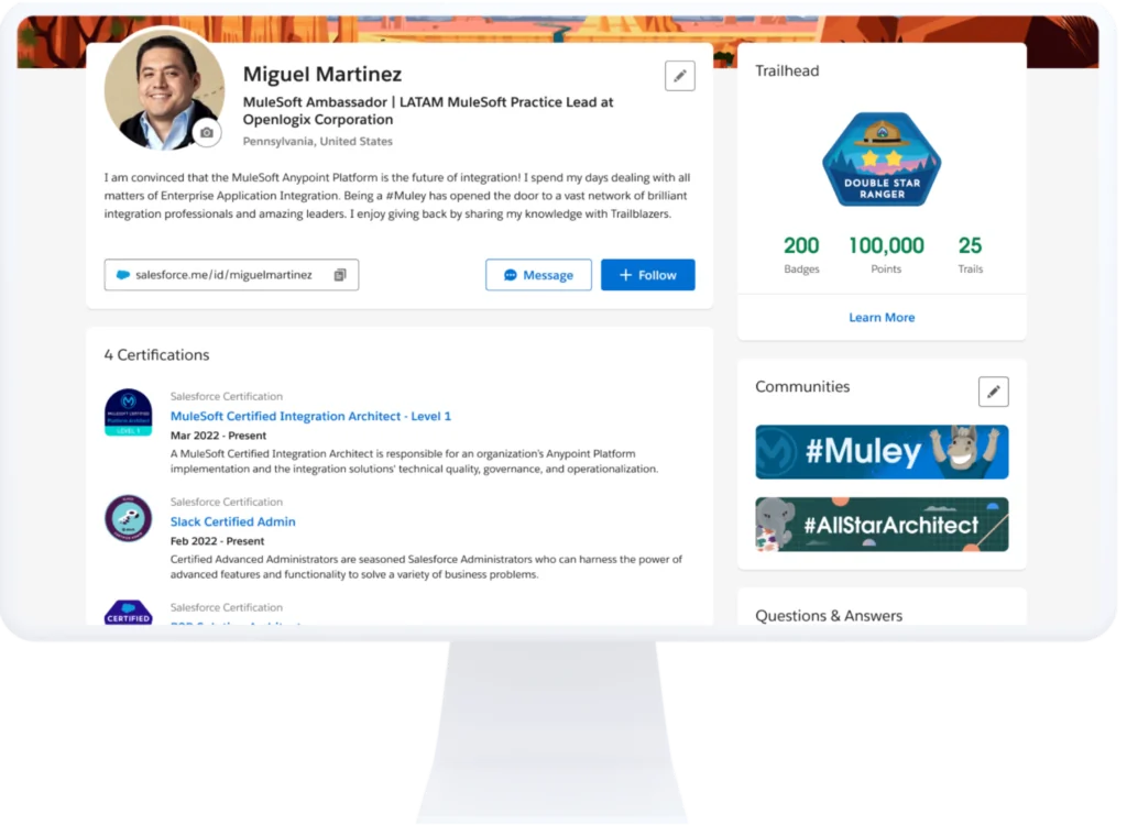 Trailblazer profile page displaying badges, points, and achievements