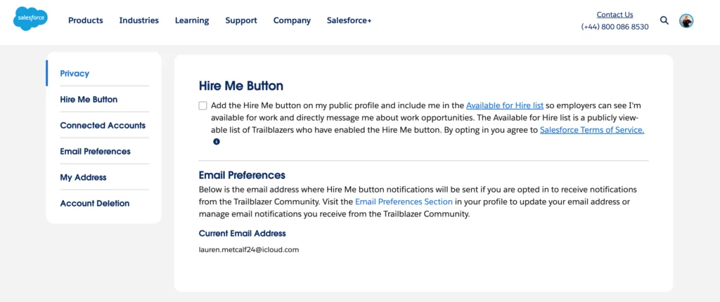 Trailblazer profile settings showing hire me button configuration