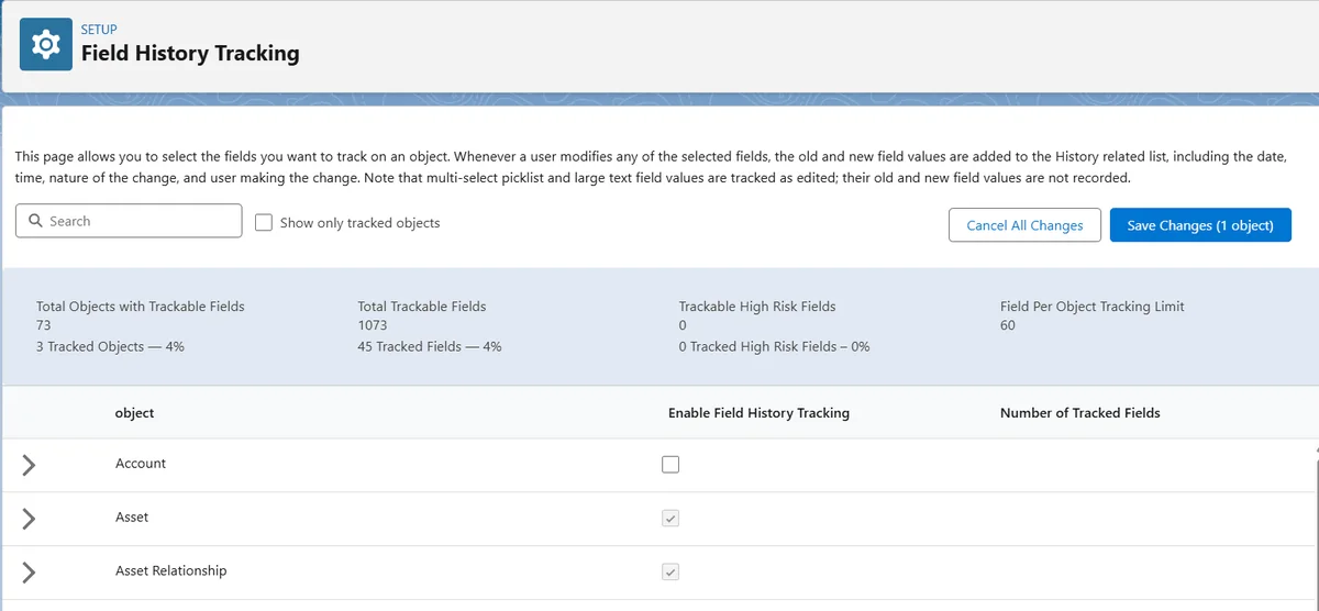 Winter 26 release Salesforce Field History Tracking setup page for audit configuration