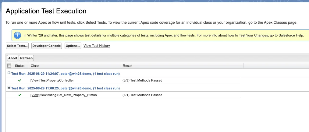 Winter 26 release Salesforce Application Test Execution for Apex and Flow tests