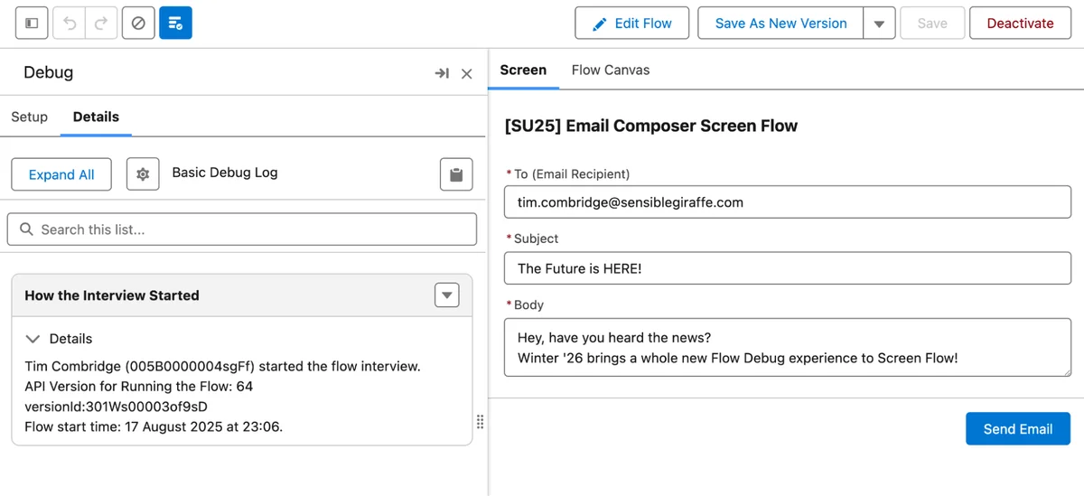 Screen Flow debugger update in sfdc release notes for Winter 26