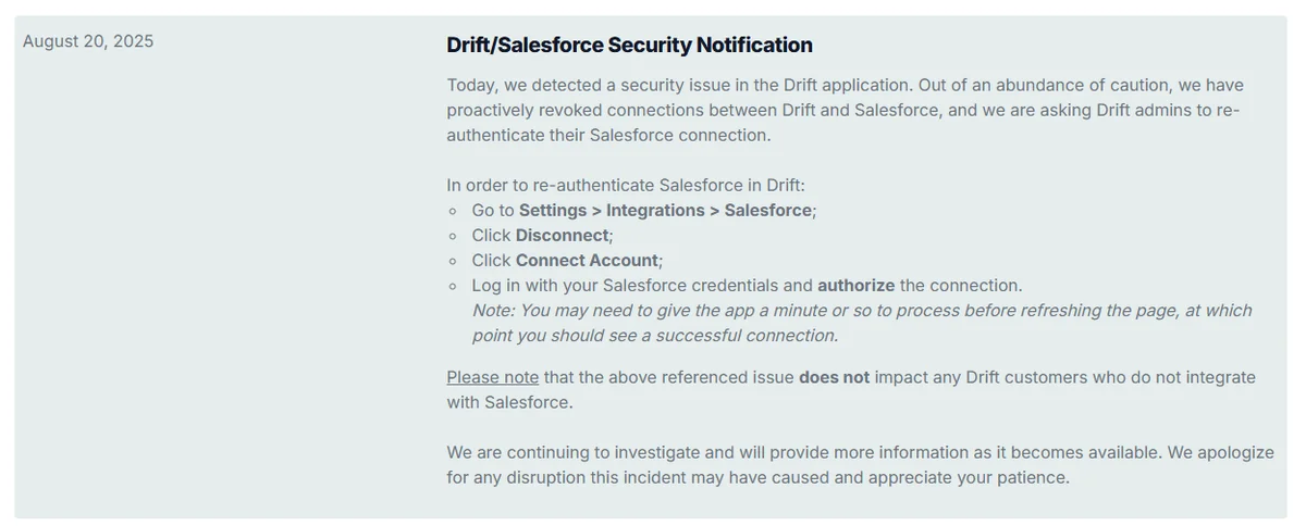 Salesloft Drift security notification for Salesforce OAuth token investigation