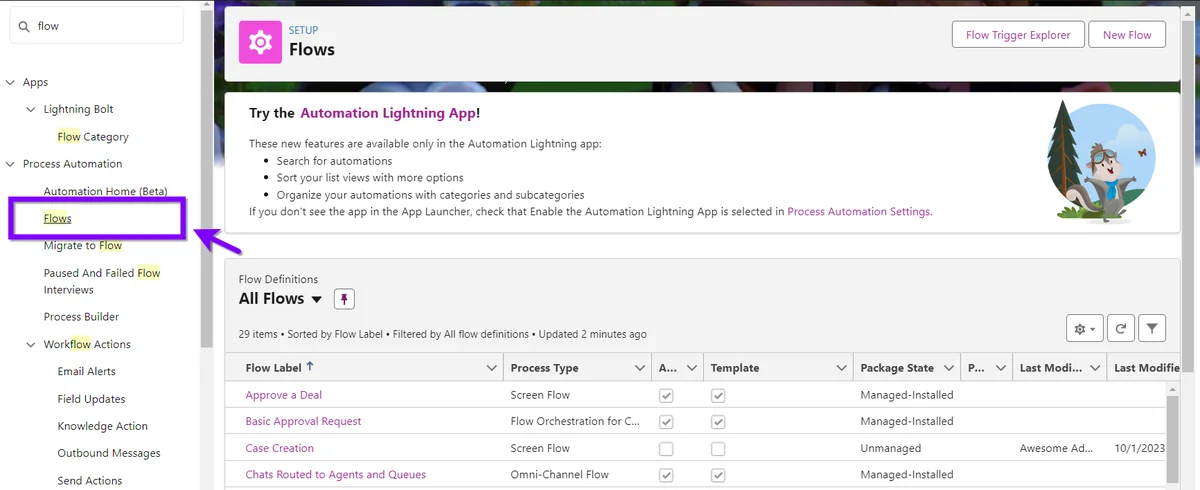 Salesforce Setup menu showing Flows option for creating scheduled path workflows