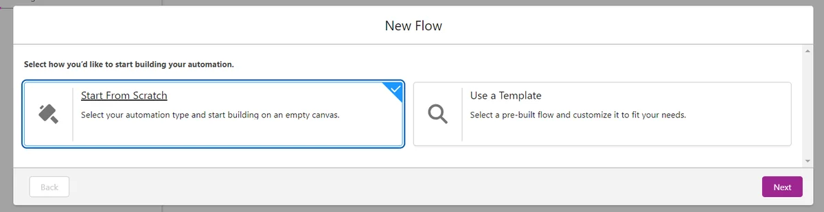 Flow Builder interface showing scheduled path flow type selection