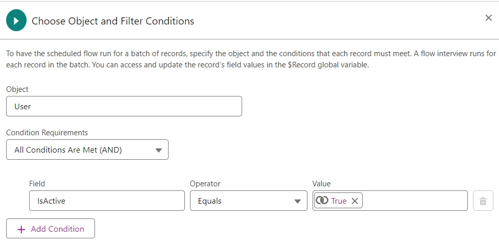 Object selection and entry criteria configuration for scheduled path flows