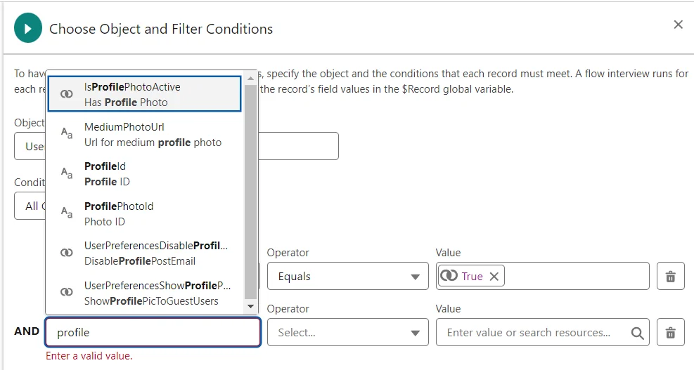 Decision element configuration showing profile ID selection for scheduled path user filtering