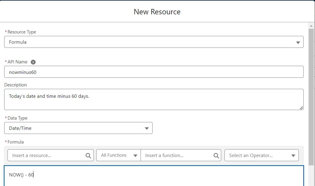 Formula resource creation for calculating 60 days ago in scheduled path flow
