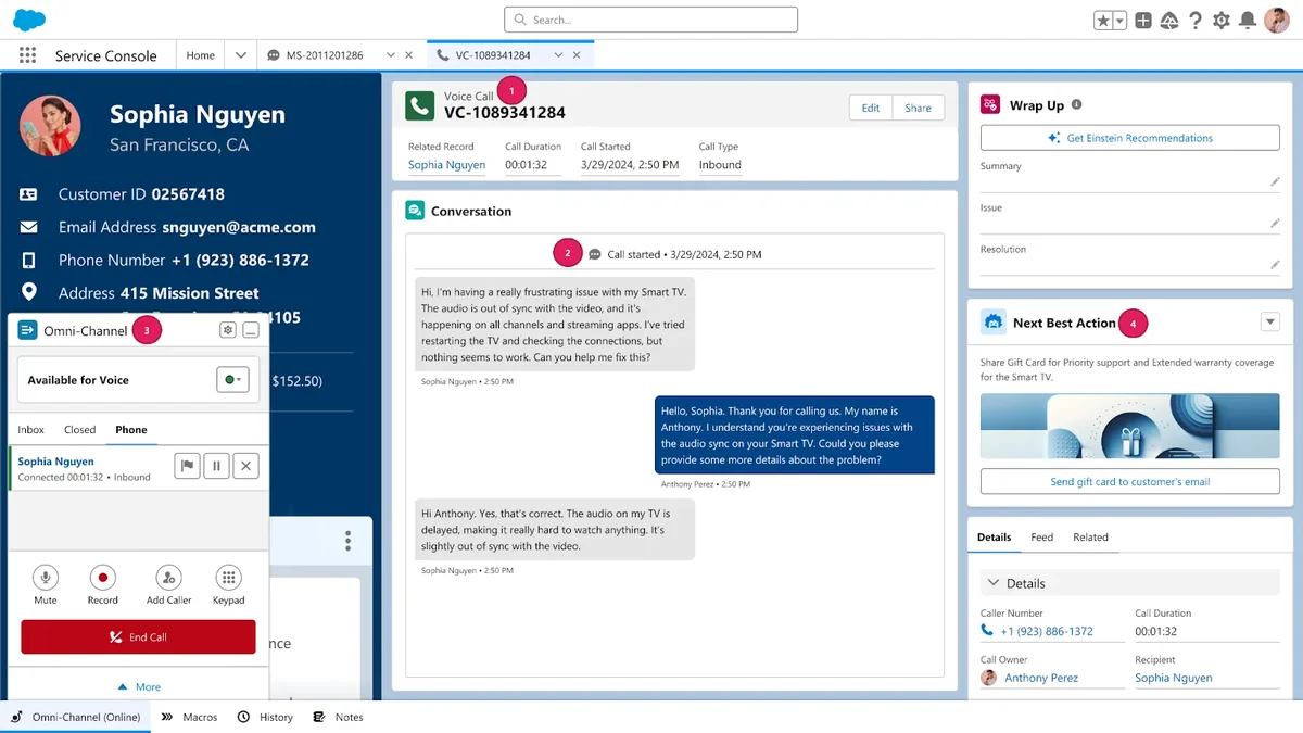 Salesforce Voice console showing Service Cloud Voice call controls and agent context