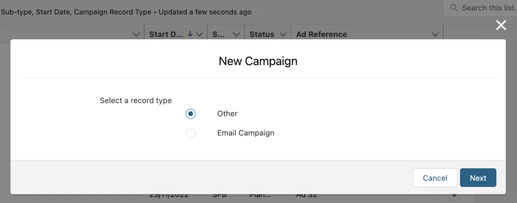 Salesforce record type choice screen with available record creation options