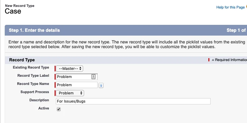 New salesforce record type form with label and API name