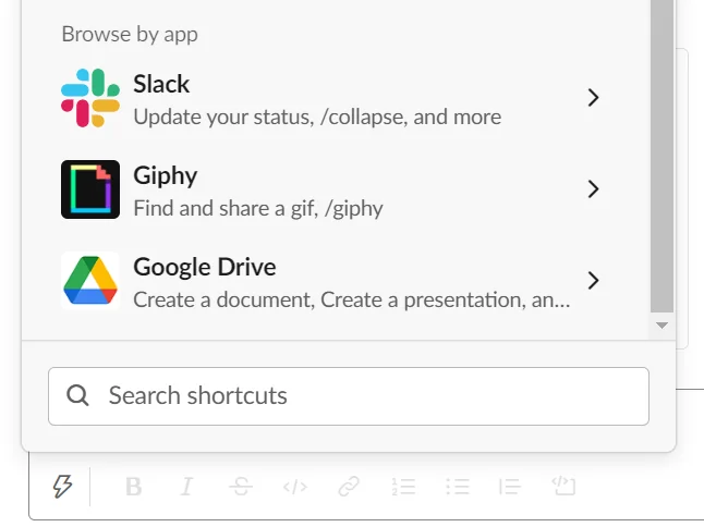 Slack shortcuts menu used to send a GIF in Slack conversation