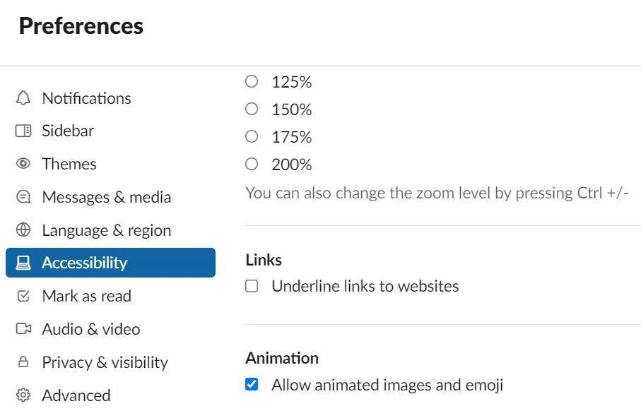 Slack accessibility preference to stop animated images and emoji