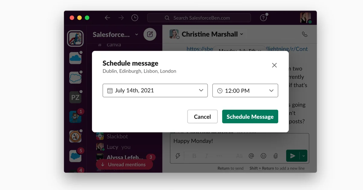 schedule messages on Slack for timed Salesforce reminders and account handoff notes