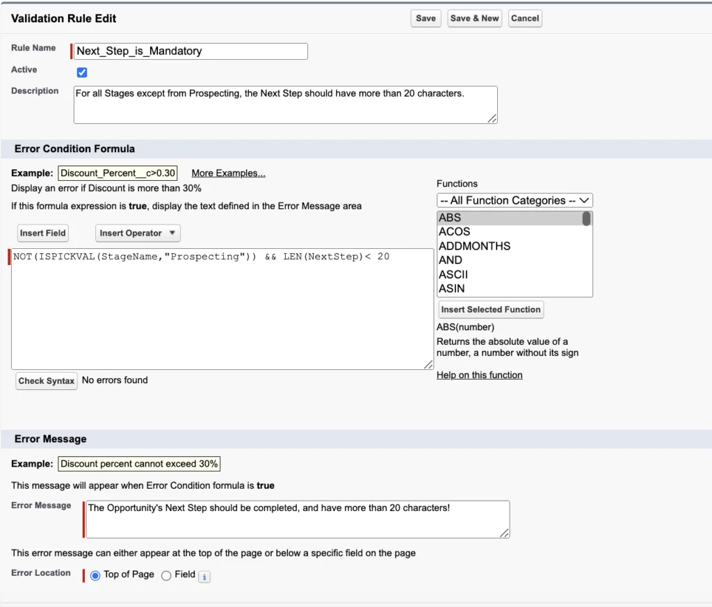 SFDC opportunity management validation rule for stage progression