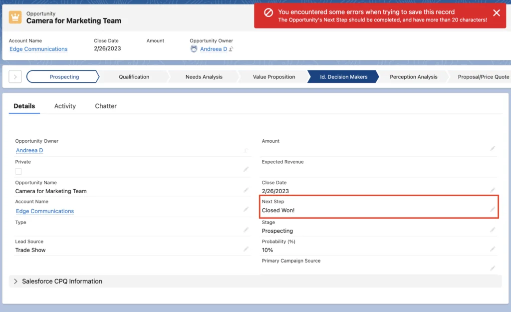 Salesforce opportunity validation error displayed to a sales user