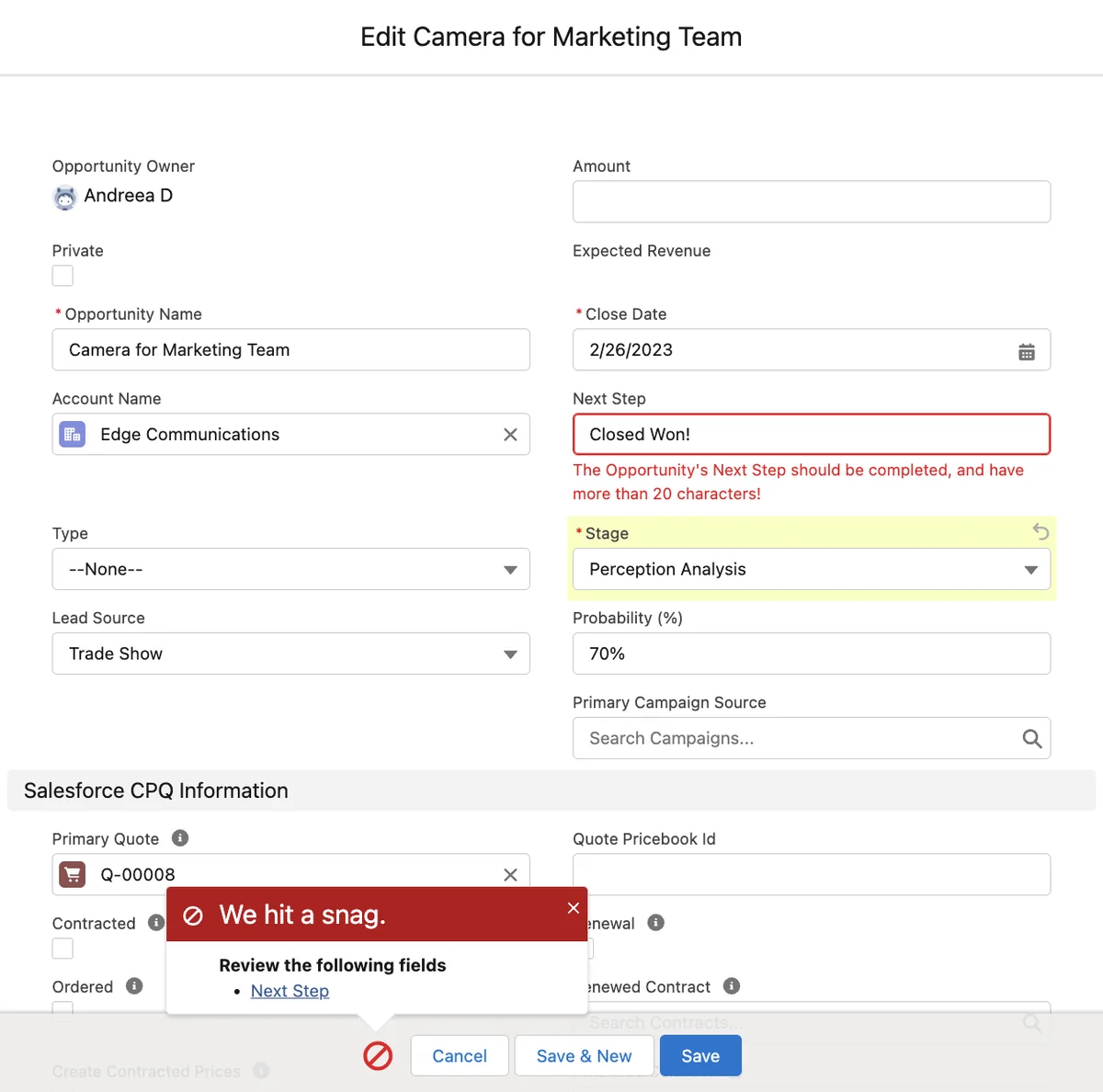 Opportunity data quality controls and validation message in Salesforce Lightning