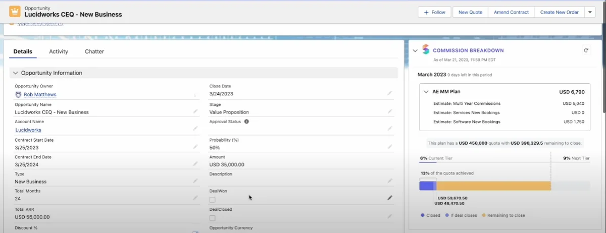 Spiff commission breakdown showing real-time earnings calculation on Salesforce opportunity record