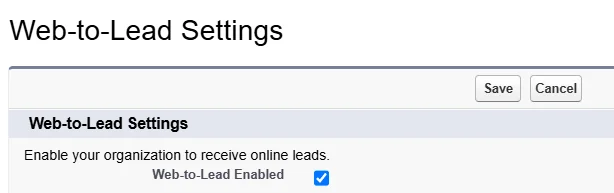 Salesforce Web-to-Lead settings with enablement and reCAPTCHA configuration