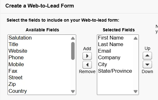 Salesforce Web-to-Lead form field selection for contact and qualification data