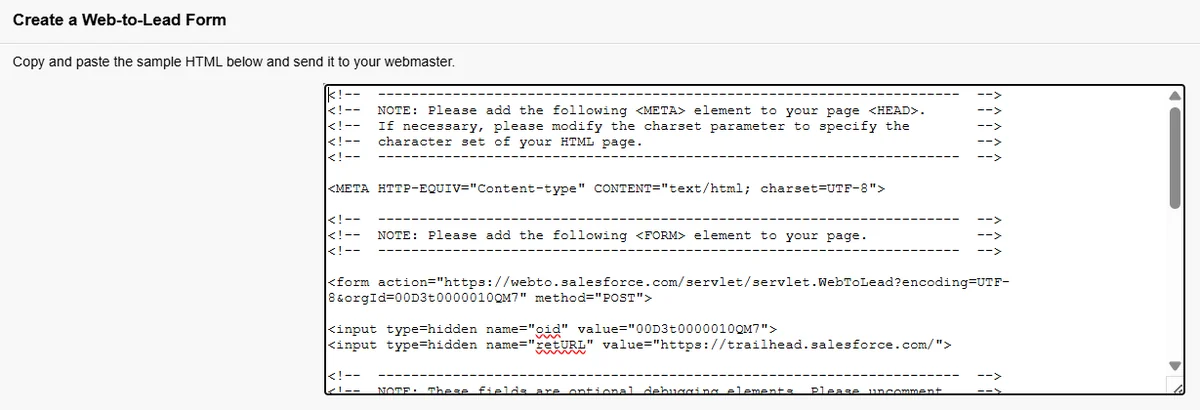 Generated Salesforce Web-to-Lead HTML with organization ID, return URL, and Lead fields