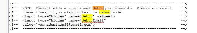 Commented Web-to-Lead debug input in generated Salesforce HTML