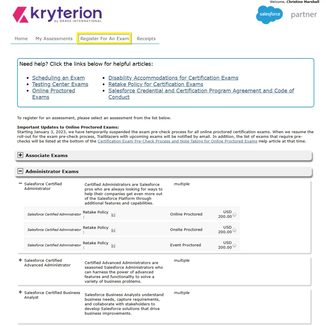 Webassessor login screen showing create new account option for Salesforce certification exams