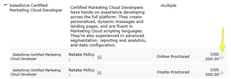 Salesforce webassessor login interface showing grayed out certification options for unmet prerequisites