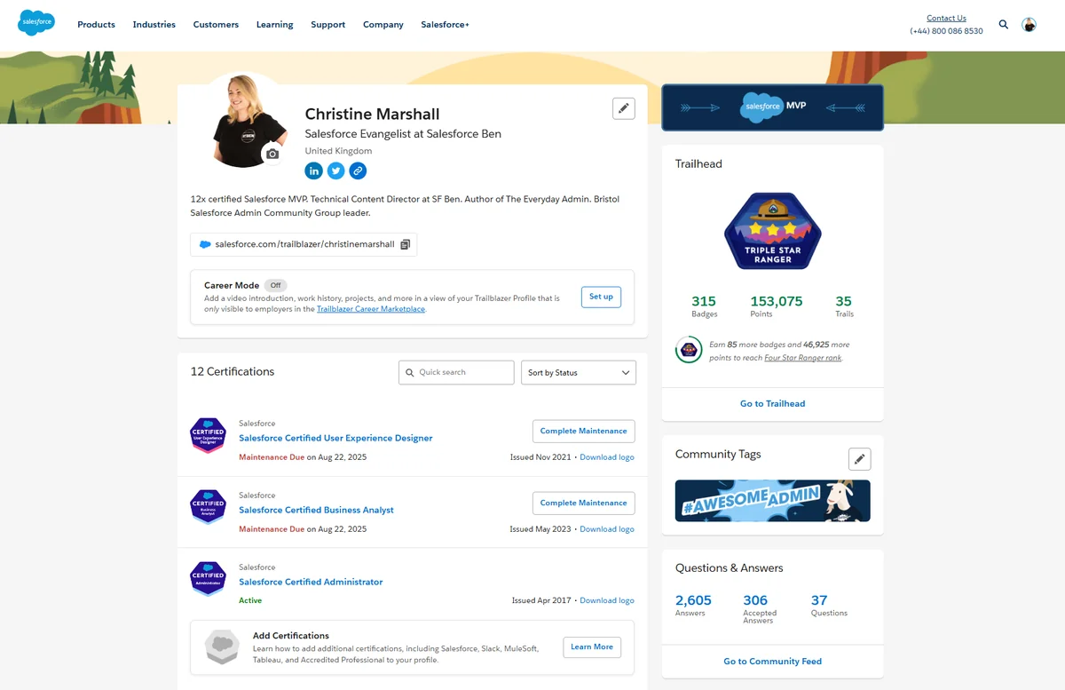 Trailhead profile showing linked webassessor certifications with maintenance due notifications