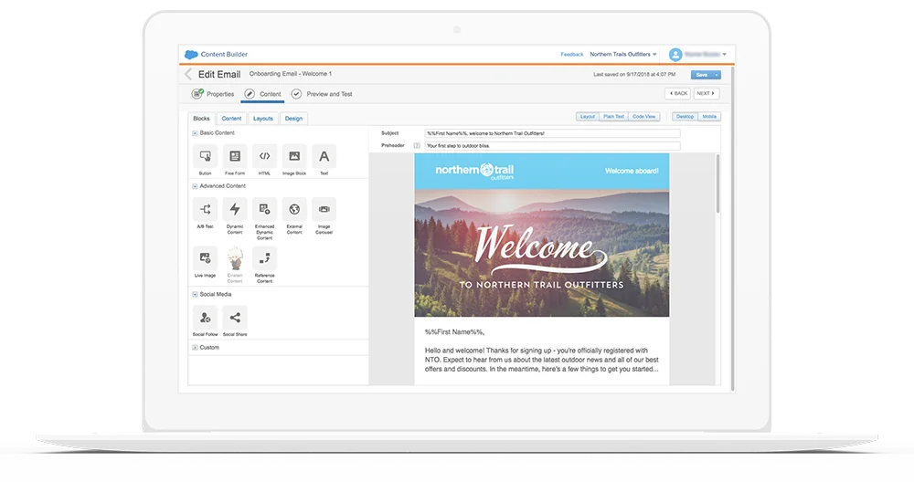 Marketing Cloud email builder showing what type of software is Salesforce for marketing automation