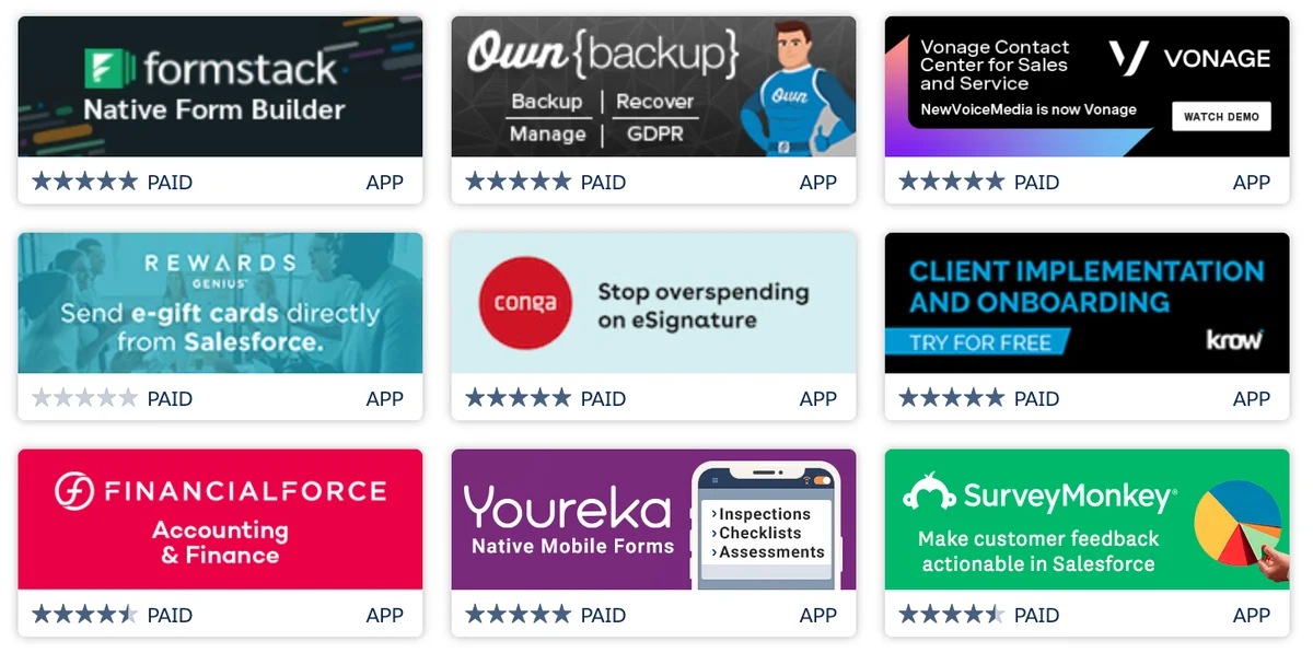 AppExchange marketplace showing third-party apps that define what type of software is Salesforce ecosystem