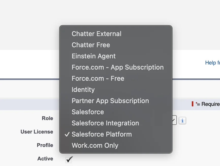 Salesforce user license selection dropdown showing active licenses available