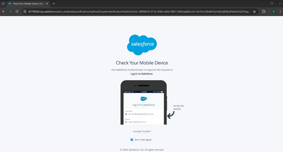 Salesforce login verification prompt shown when IP address is outside trusted Network Access ranges