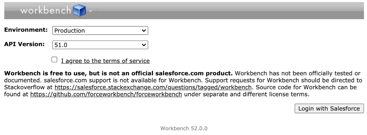 Workbench Salesforce interface showing main navigation and data management options
