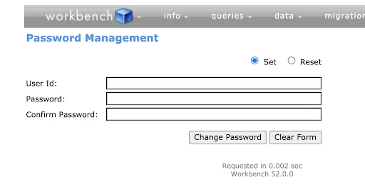 Workbench password management interface for resetting user passwords