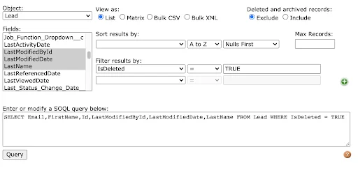SOQL query builder interface in Workbench showing field selection and filters