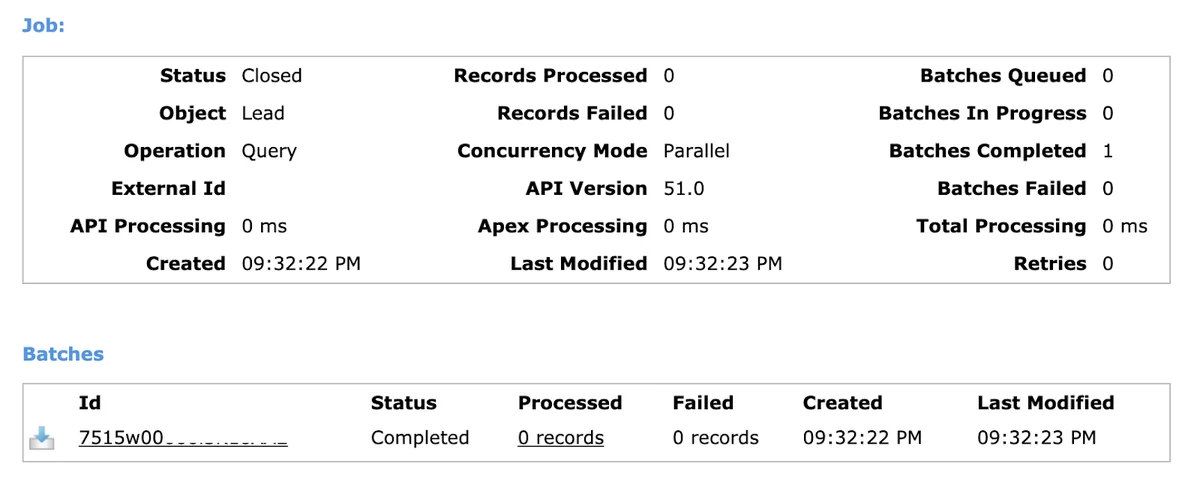 SOQL query results displaying deleted lead records with system fields