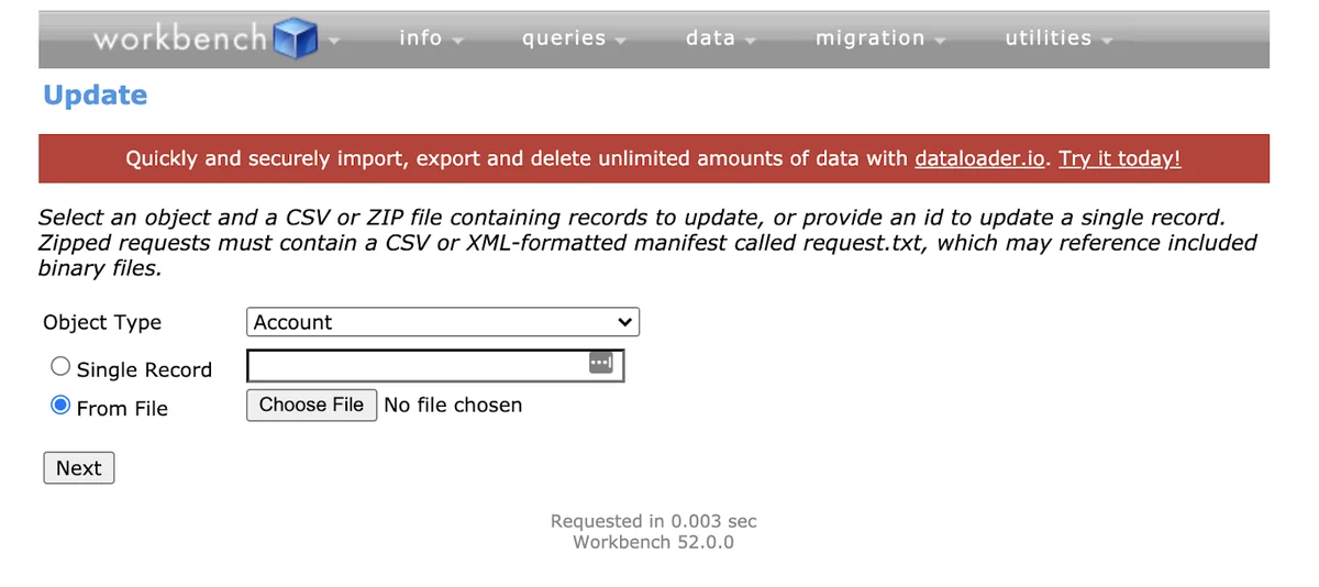 Workbench bulk update interface showing CSV file mapping and field selection