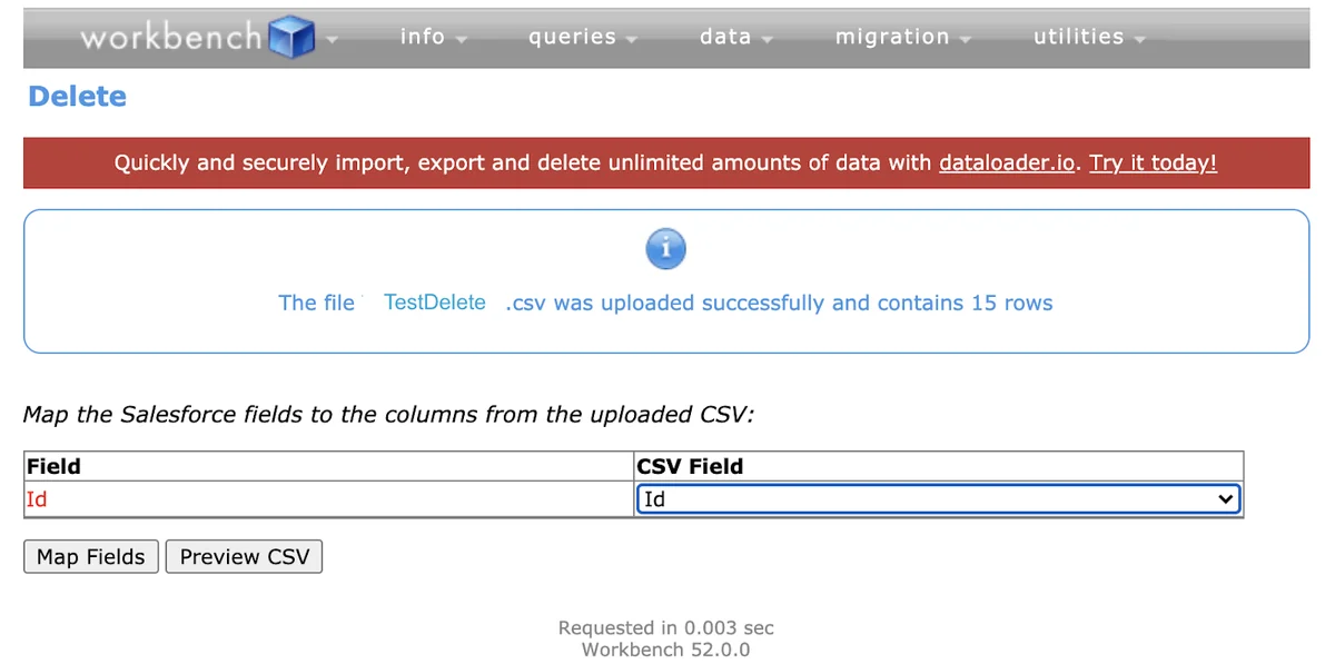 Workbench mass delete interface with ID field mapping for bulk record deletion
